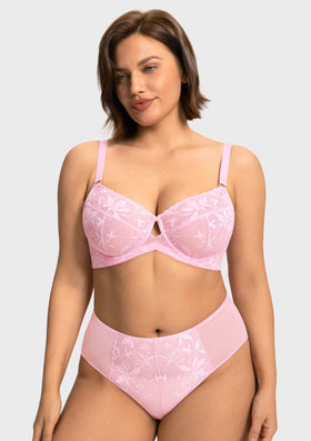 Bramela Petalia Plus Size Seamless Lace Underwire Balconette Demi No Padded Bra with High Elastic Fabric Delicate Lace Trim Cutout & Adjustable Straps