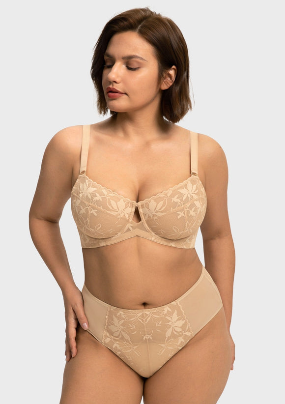 Braveaf Petalia Plus Size Seamless Lace Underwire Balconette Demi No Padded Bra with High Elastic Fabric Delicate Lace Trim Cutout & Adjustable Straps