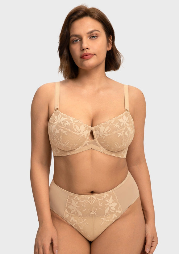 Braveaf Petalia Plus Size Seamless Lace Underwire Balconette Demi No Padded Bra with High Elastic Fabric Delicate Lace Trim Cutout & Adjustable Straps